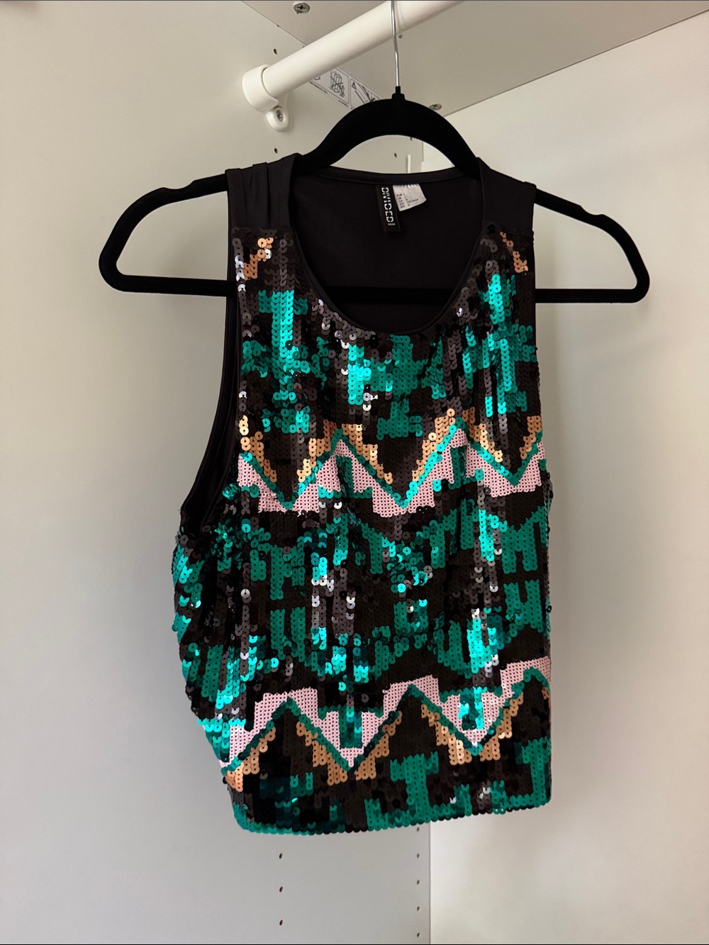 Divided Sequined Chevron Tank Top - Black, Teal & Pink